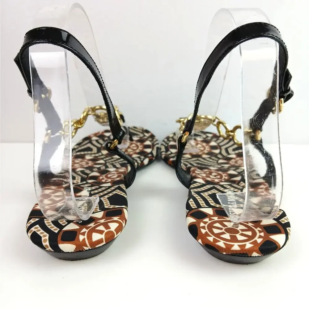 Johnston & Murphy SZ 10M Black Patent Leather & Gold Chain Link Thong Sandals